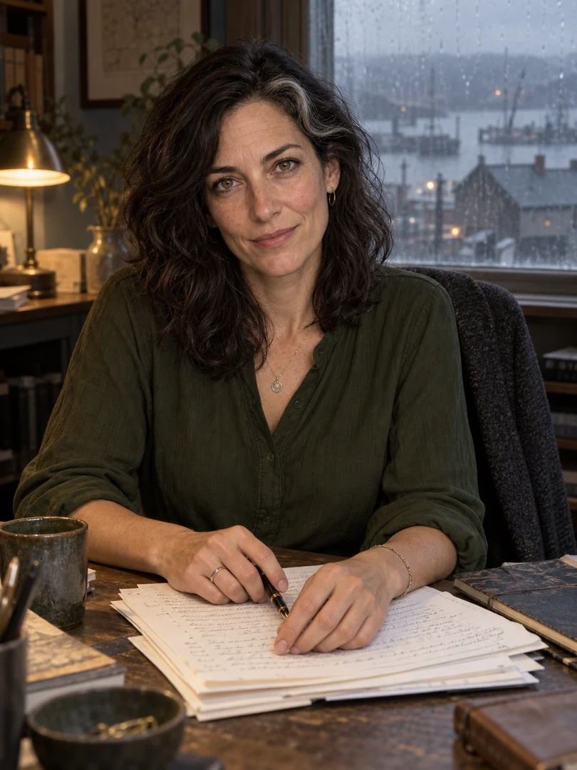 Imagined portrait of Nell Sokol, with dark wavy hair and a silver streak, seated at a manuscript-covered desk beside a rainy harbor window.